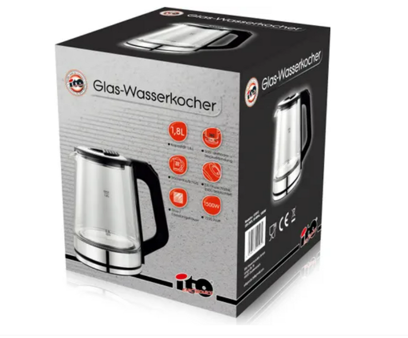 Laden Sie das Bild in Galerie -Viewer, Elektrischer Wasserkocher aus Glas und Edelstahl 1,8L Glas-Wasserkocher mit LED-Beleuchtung, und drehbareren Sockel 360°