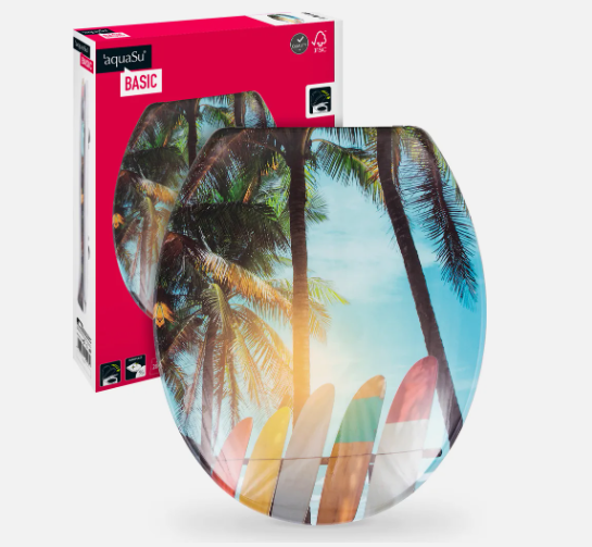 Laden Sie das Bild in Galerie -Viewer, aquaSu® Basic, WC-Sitz mit Motiv Surfbretter, Duroplast Toilettendeckel mit Absenkautomatik, Belastbar bis 200 kg