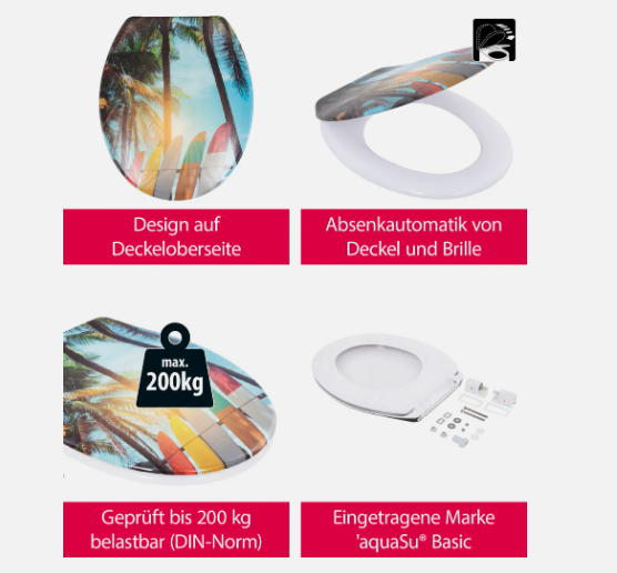 Laden Sie das Bild in Galerie -Viewer, aquaSu® Basic, WC-Sitz mit Motiv Surfbretter, Duroplast Toilettendeckel mit Absenkautomatik, Belastbar bis 200 kg