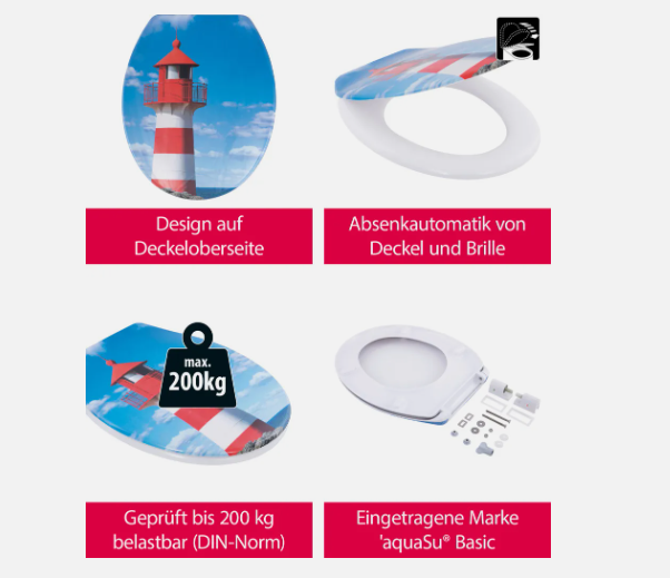 Laden Sie das Bild in Galerie -Viewer, aquaSu® Basic, WC-Sitz mit Motiv Leuchtturm, Duroplast Toilettendeckel mit Absenkautomatik, Belastbar bis 200 kg