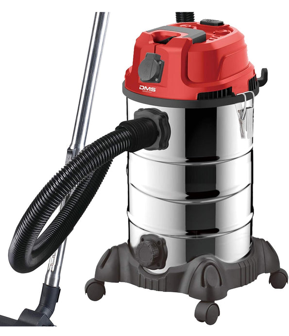 DMS Industriestaubsauger mit 2300 Watt | Nasssauger | Trockensauger | Edelstahl | Blasfunktion | Filterreinigungssystem | beutellos | 30 Liter Fassungsvermögen | Rot