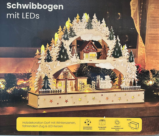 Schwibbogen mit LED Dorf mit Winterszenen fahrender Zug