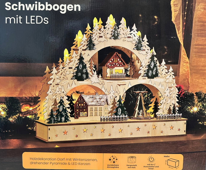 Schwibbogen mit LED Dorf mit Winterszenen drehende Pyramide