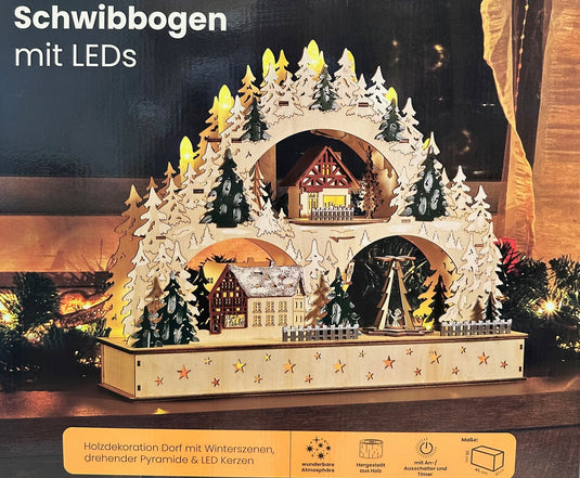 Schwibbogen mit LED Dorf mit Winterszenen drehende Pyramide