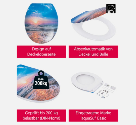 aquaSu® Basic, WC-Sitz mit Motiv Sonnenuntergang, Duroplast Toilettendeckel mit Absenkautomatik, Belastbar bis 200 kg