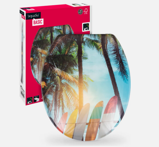 aquaSu® Basic, WC-Sitz mit Motiv Surfbretter, Duroplast Toilettendeckel mit Absenkautomatik, Belastbar bis 200 kg