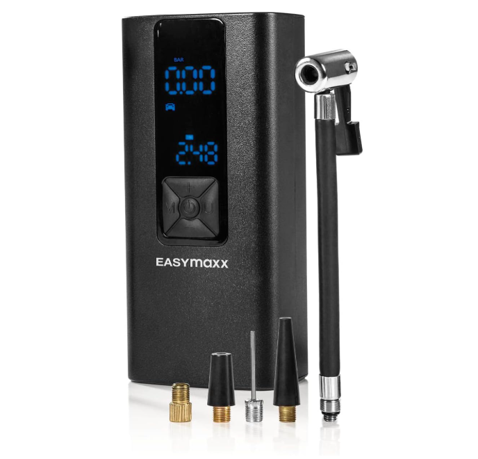 EASYmaxx Elektrische Luftpumpe bis 8,5 bar, 120 PSI | Akku Kompressor mit Taschenlampe und Powerbank 2000 mAh | Handkompressor mit Luftdruckanzeige | Für Autos, Fahrräder, Motorräder, Bälle uvm
