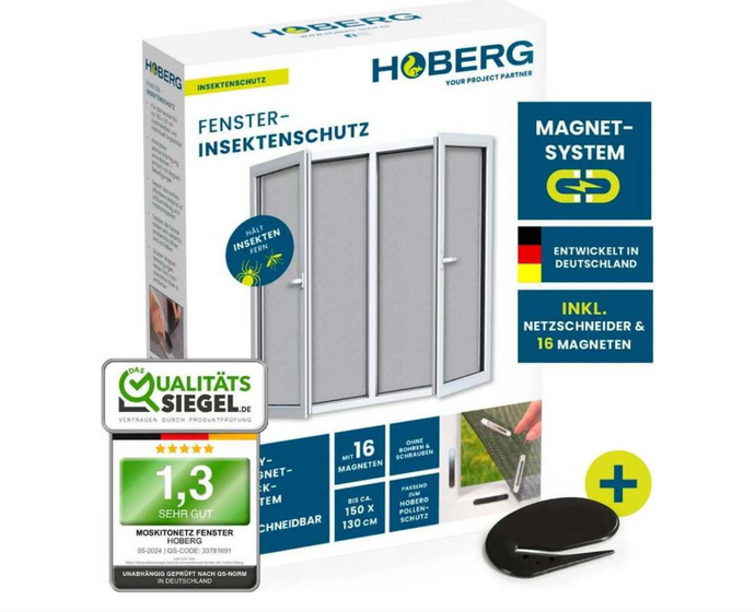 Hoberg Fliegengitter Insektenschutz, 150x130 cm, Schwarz, Polyester, Magnetbefestigung, zuschneidbar, einfache Montage ohne Bohren, für Fenster ab 9mm Rahmenbreite