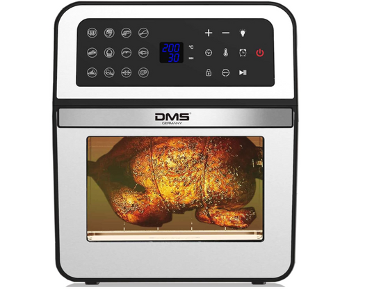 DMS XXXL 12 Liter Heißluftfritteuse, Backofen, Heißluftgrill, Dörrgerät, Drehgrill und Drehspieß, fettfrei und ohne Öl, inkl. 12 Programme und digitalem Touch-Display, 1800 Watt