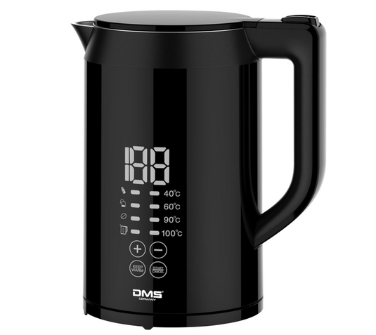 DMS® Digitaler Wasserkocher DW-1 – 1,5 l Fassungsvermögen, 2200 W, Temperaturregelung (40 °C – 100 °C), Warmhaltefunktion, LED-Anzeige, Edelstahlgehäuse, sicherer Trockenlaufschutz, BPA-frei