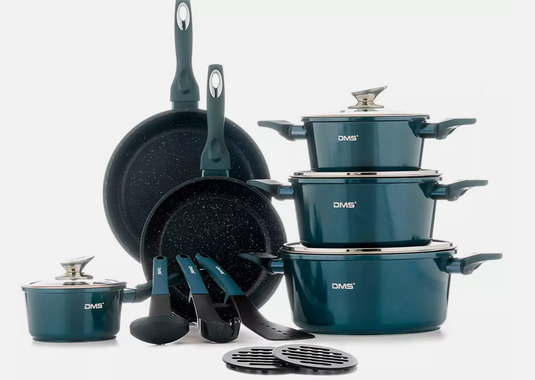 DMS Germany TSM4015BL Kochgeschirr-Set, 15-teilig, Marmor-Finish, Blau